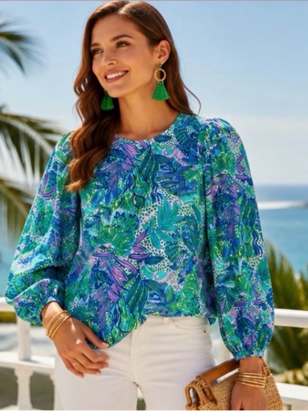 Lilly Pulitzer Lynnley Long Sleeve Top Botanical Green | Resort Chic Blouse